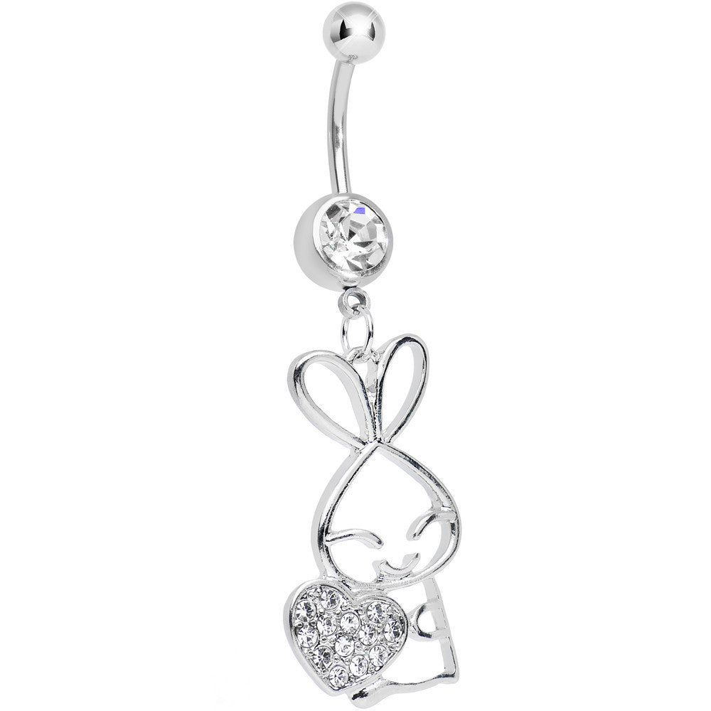 Clear Cubic Zirconia Hugging Heart Bunny Dangle Belly Ring