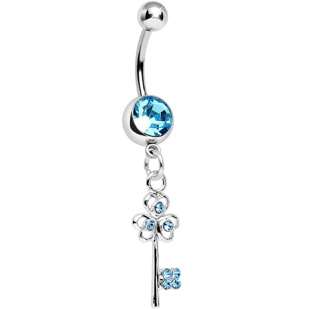 Aqua Gem Unlock Your Luck Clover Heart Key Dangle Belly Ring