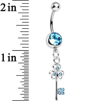 Aqua Gem Unlock Your Luck Clover Heart Key Dangle Belly Ring