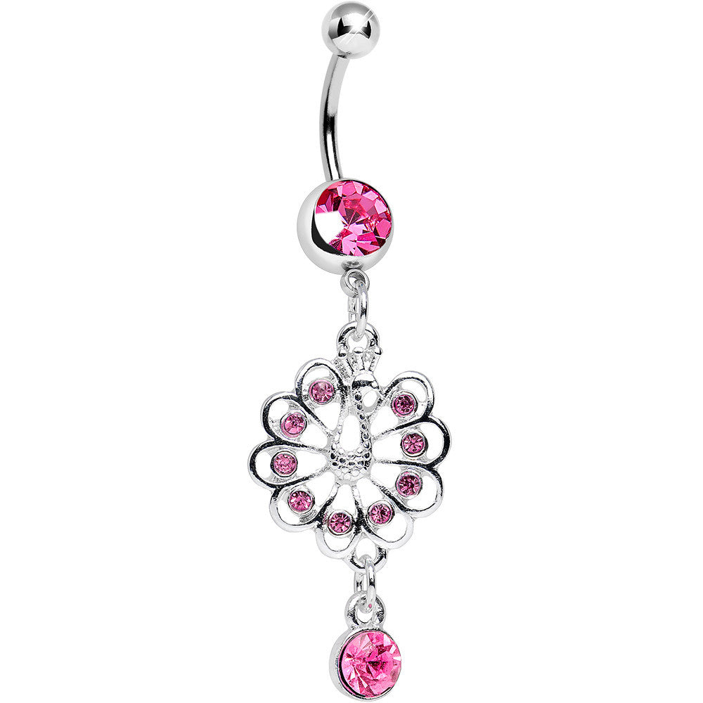 Pink Gem Enchanted Open Tail Peacock Dangle Belly Ring