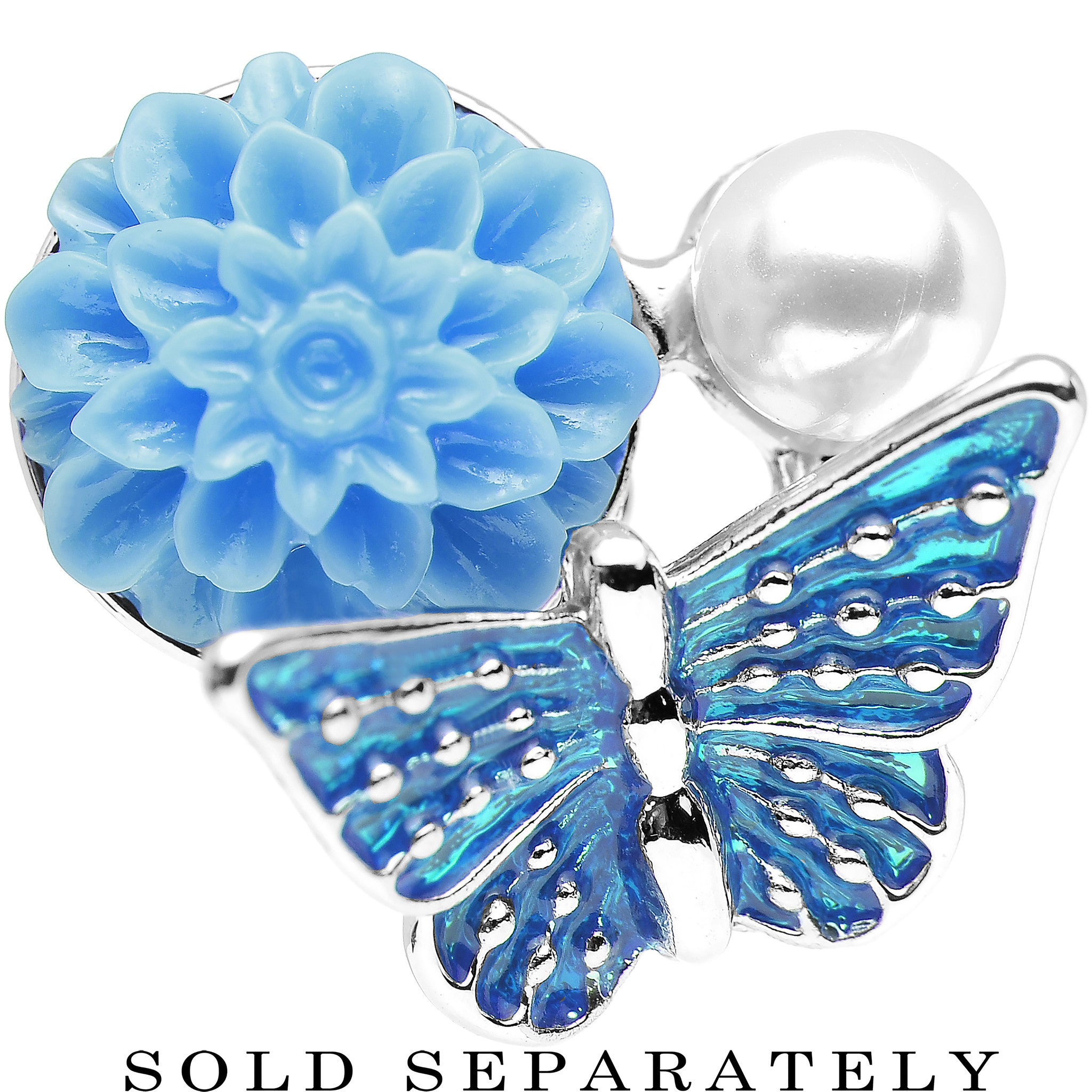 2 Gauge Blue Acrylic Flower Aqua Butterfly Single Flare Steel Plug