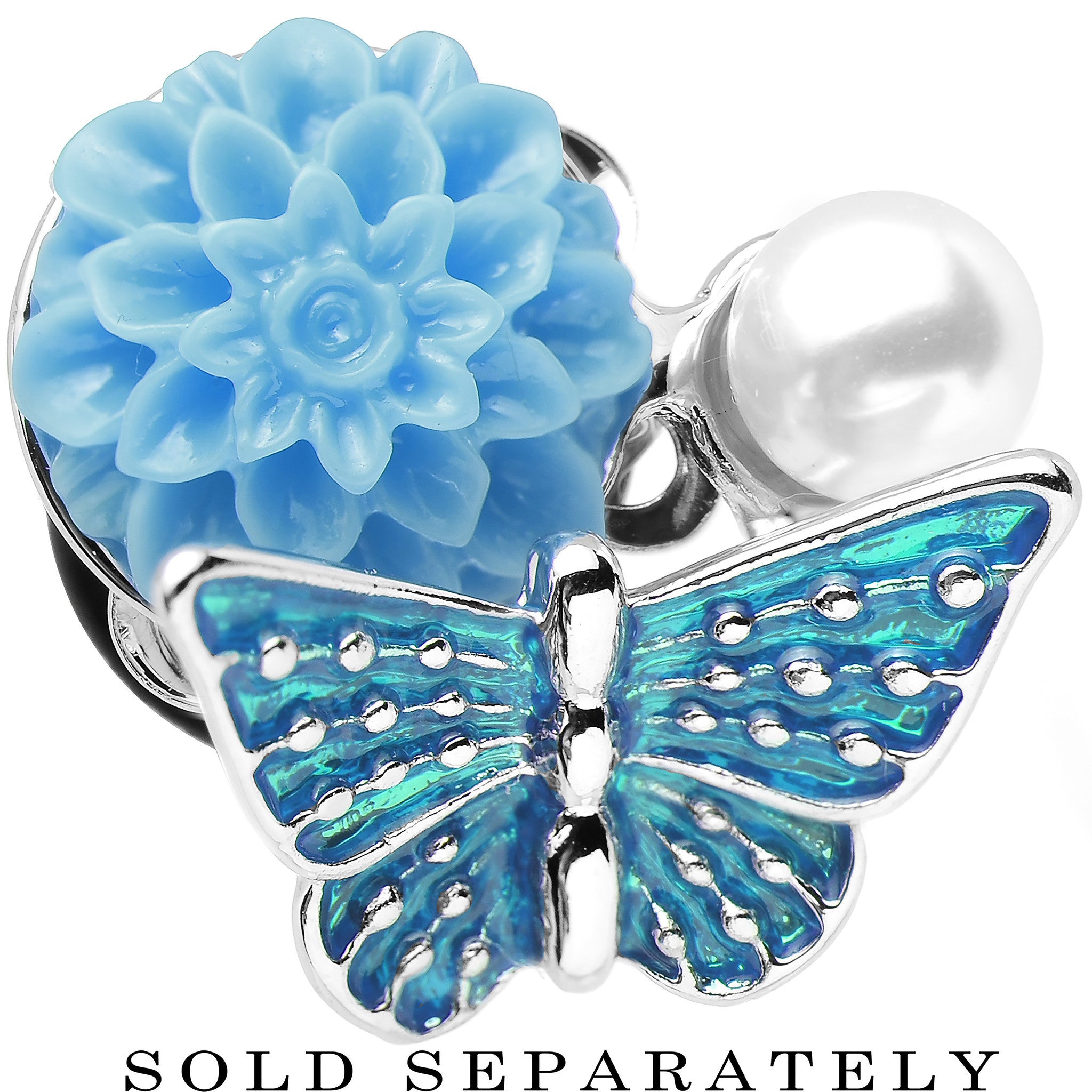 0 Gauge Blue Acrylic Flower Aqua Butterfly Single Flare Steel Plug