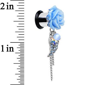 Aqua Gem Angel Wing and Aqua Rose Flower Single Flare Dangle Plug Sizes 6mm to 16mm