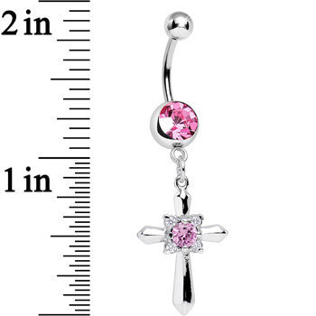 Pink Cubic Zirconia Sparkling Pious Cross Dangle Belly Ring