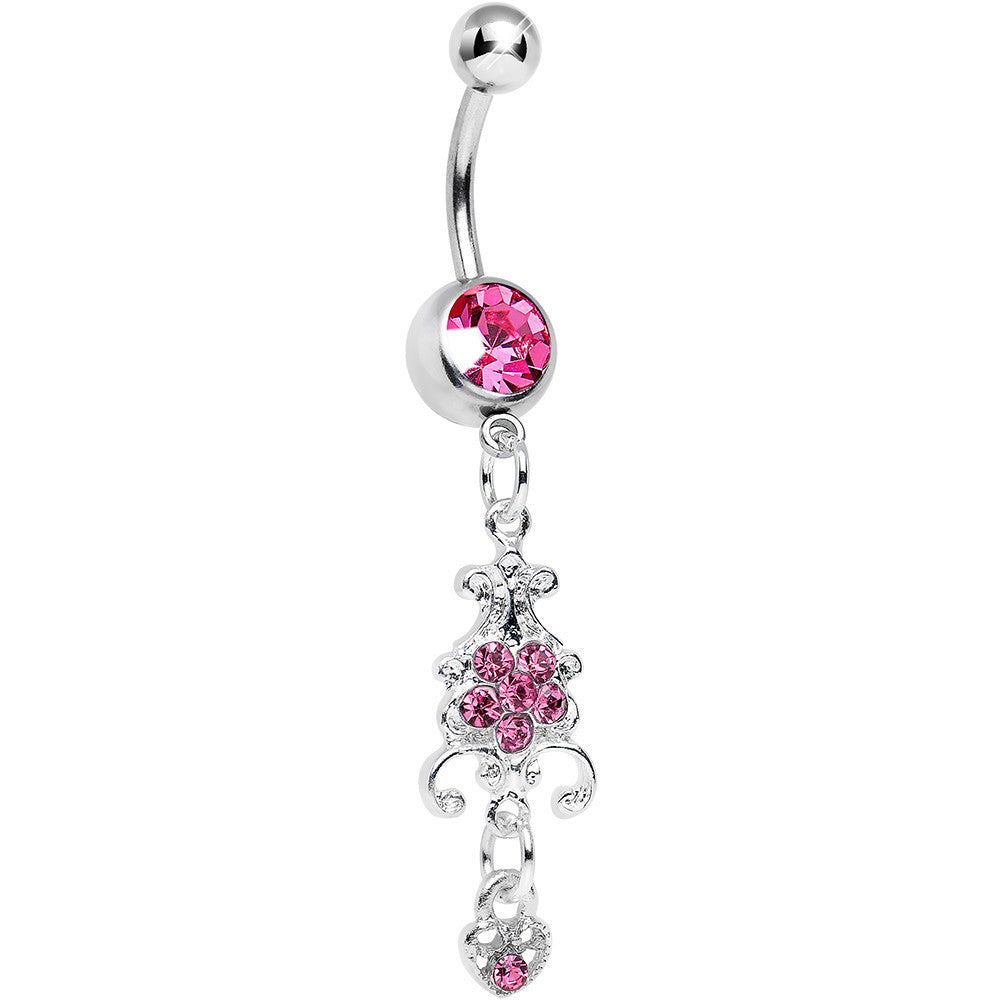 Pink Gem Sparkling Fleur De Lock Dangle Belly Ring