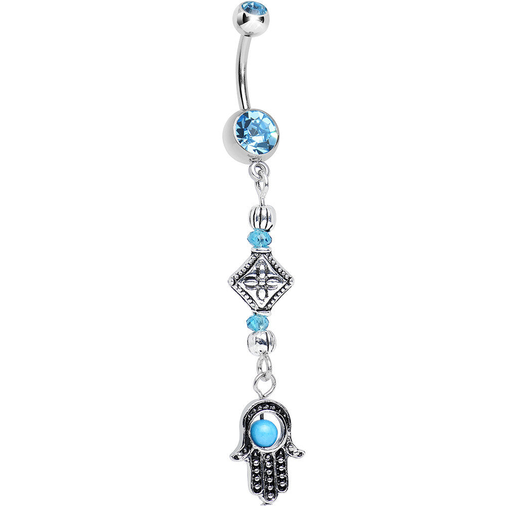 Aqua Gem Blue Crystal Beads Embellished Hamsa Dangle Belly Ring