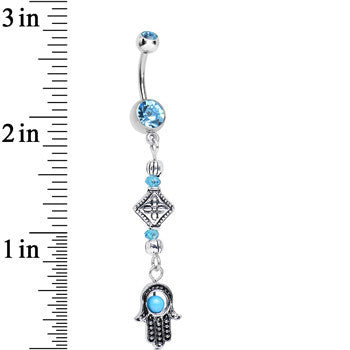 Aqua Gem Blue Crystal Beads Embellished Hamsa Dangle Belly Ring