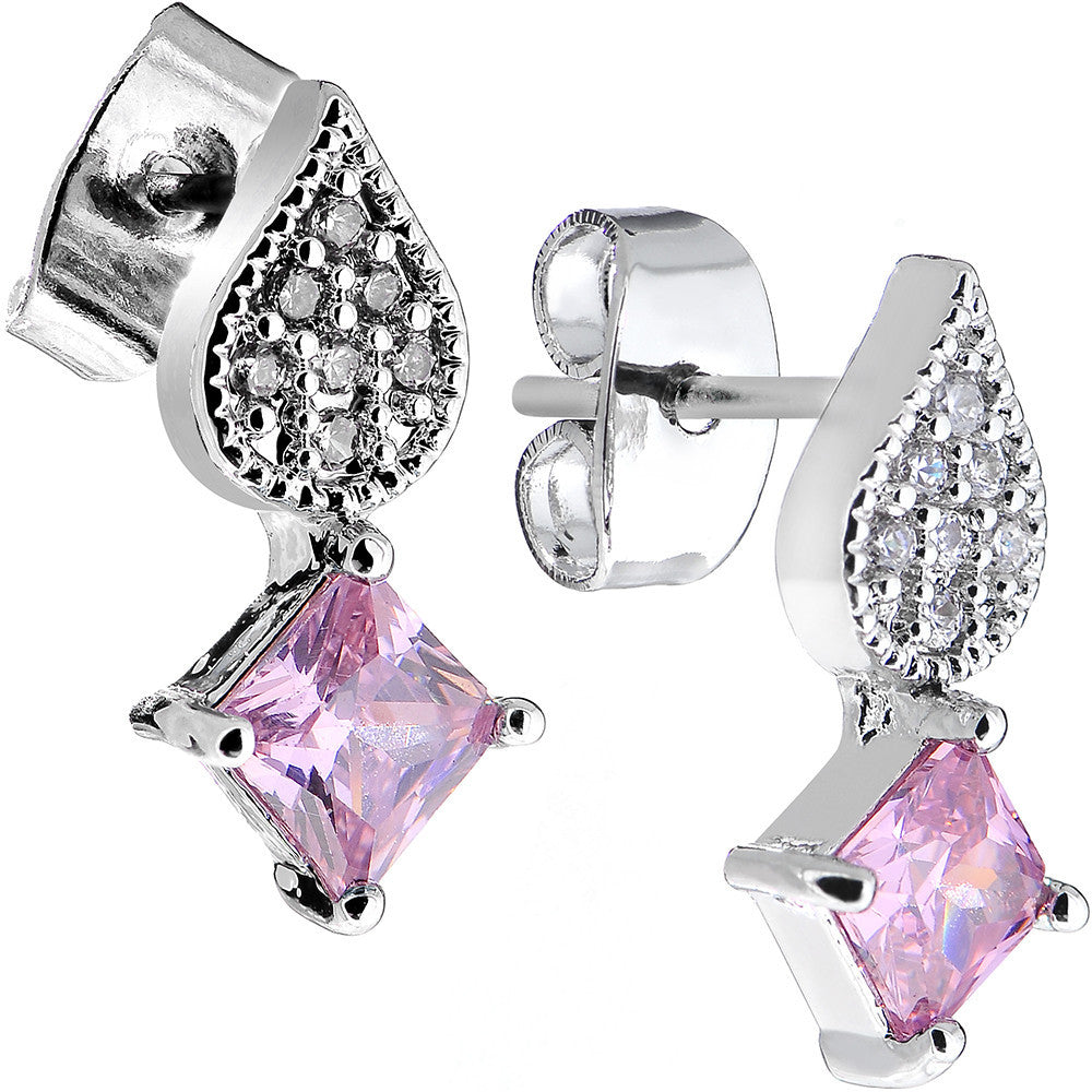 Pink Gem Sparkling Square and Falling Teardrop Stud Earrings