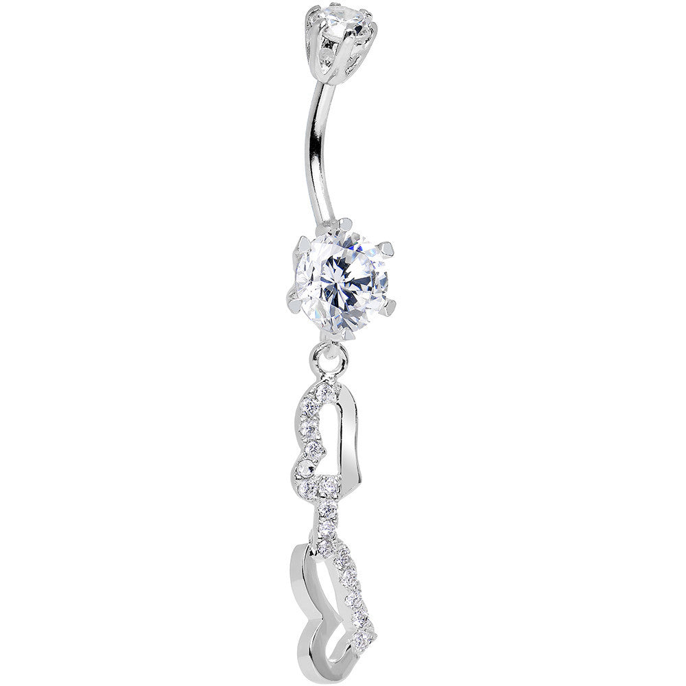 925 Sterling Silver Clear CZ Double the Hearts Dangle Belly Ring