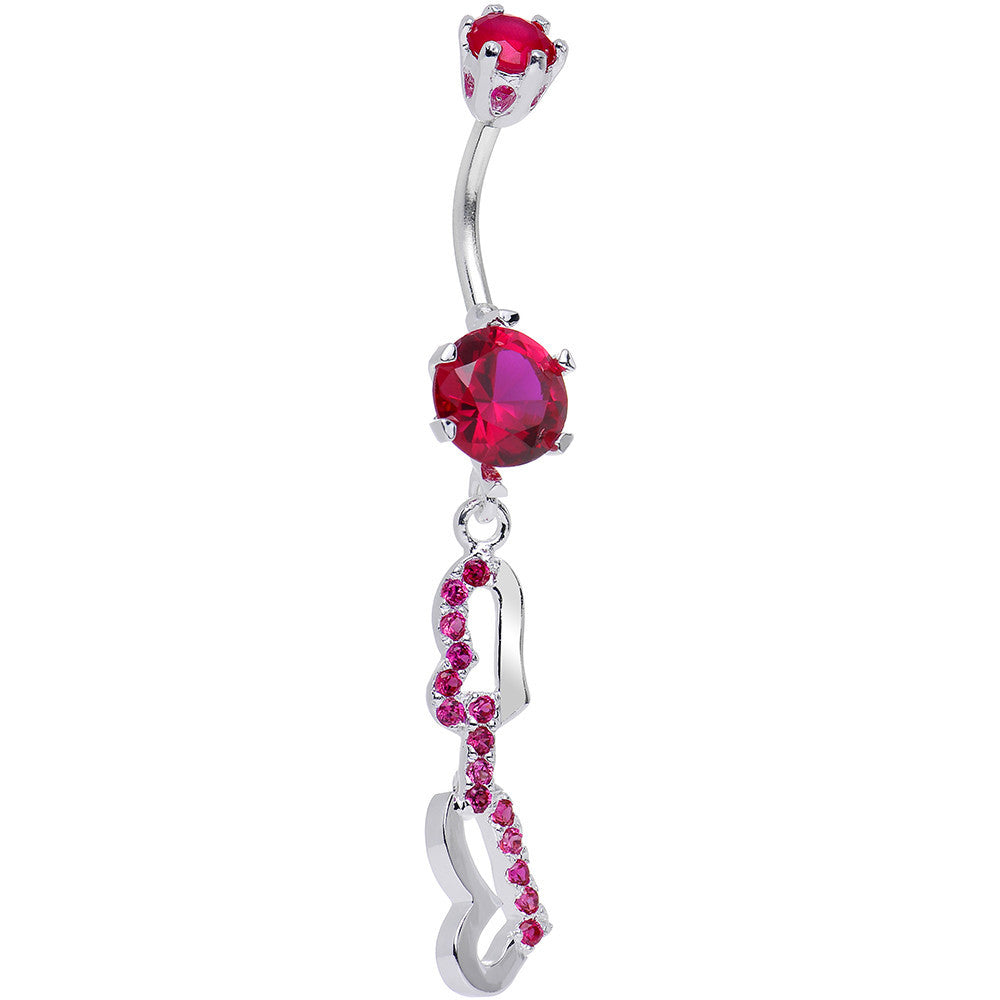 925 Sterling Silver Red CZ Double the Hearts Dangle Belly Ring