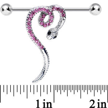 Pink Gem Heart Coiled Snake Industrial Barbell