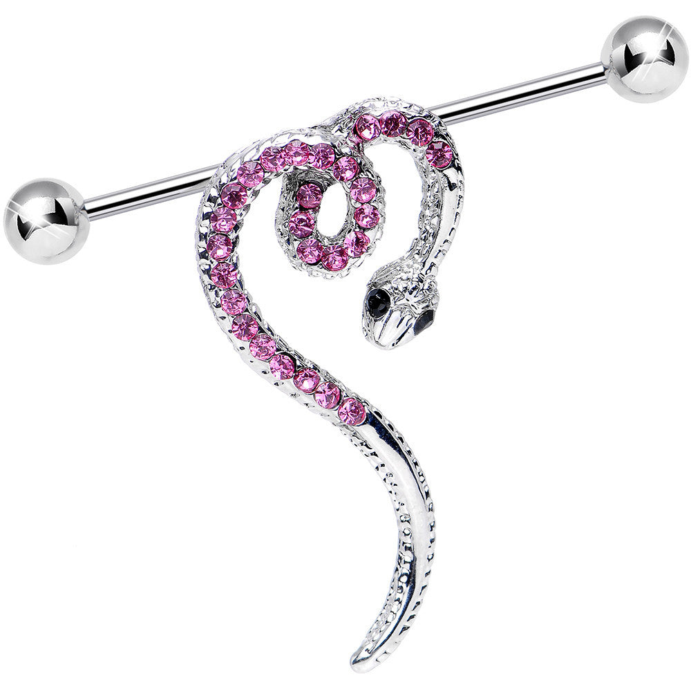 Pink Gem Heart Coiled Snake Industrial Barbell