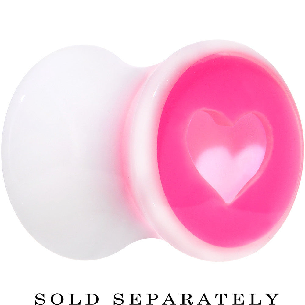 0 Gauge White Pink Acrylic Adoring Heart Saddle Plug