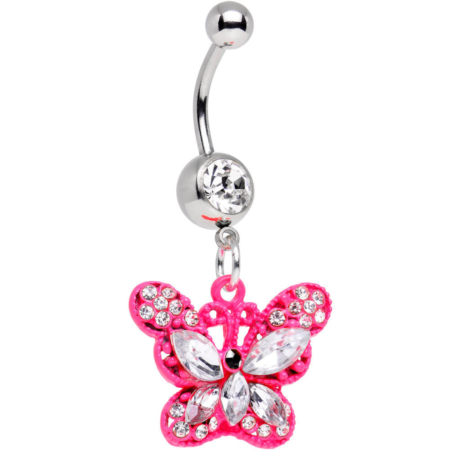 Clear Gem Passionately Pink Butterfly Dangle Belly Ring