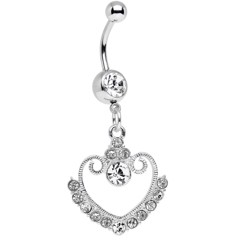 Clear Gem Ornate Hollow Heart Dangle Belly Ring