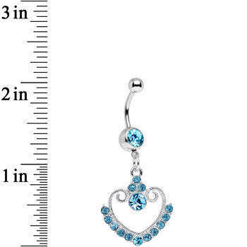 Aqua Gem Ornate Hollow Heart Dangle Belly Ring