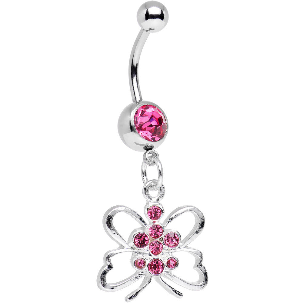 Pink Gem Diving Downward Butterfly Dangle Belly Ring