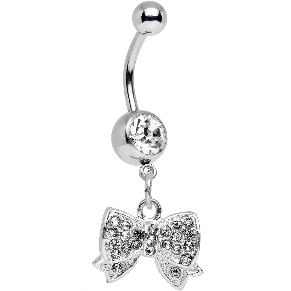 Clear Gem Bedecked Bow Tie Dangle Belly Ring