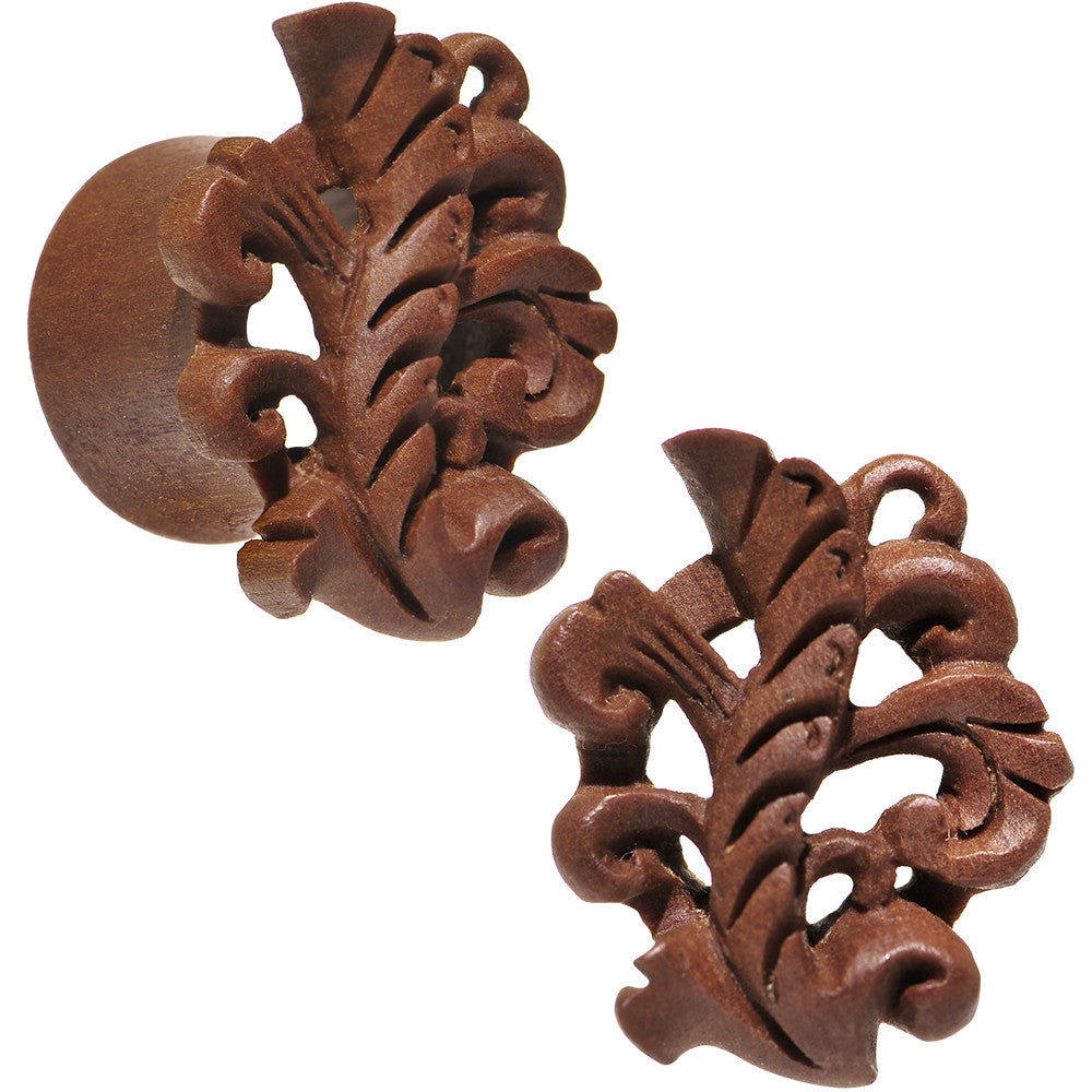 5/8 Organic Wood Whispering Wind Leaf Hand Carved Plug Set