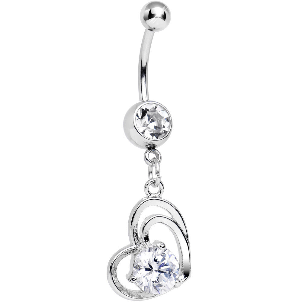 Clear Cubic Zirconia Smitten By Love Twin Heart Dangle Belly Ring