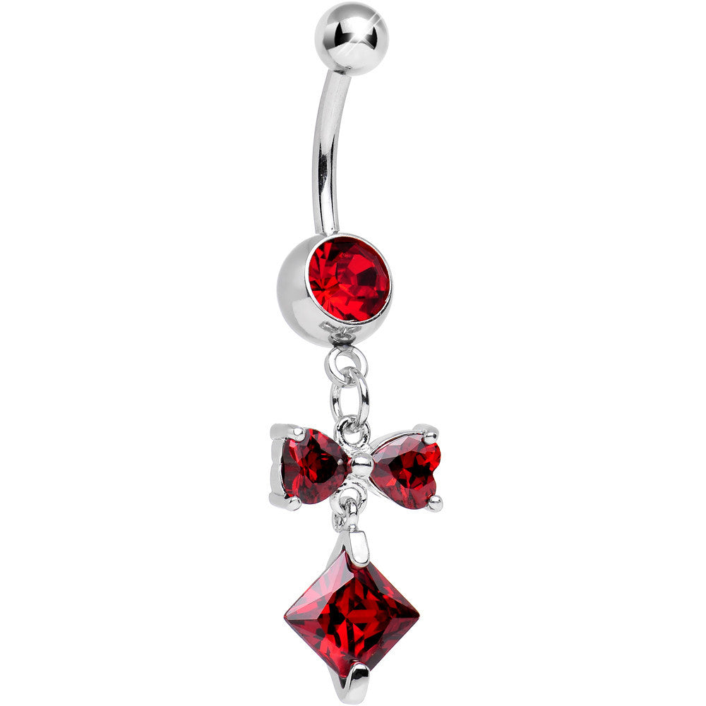 Red Cubic Zirconia Bow Tie Square Charm Dangle Belly Ring