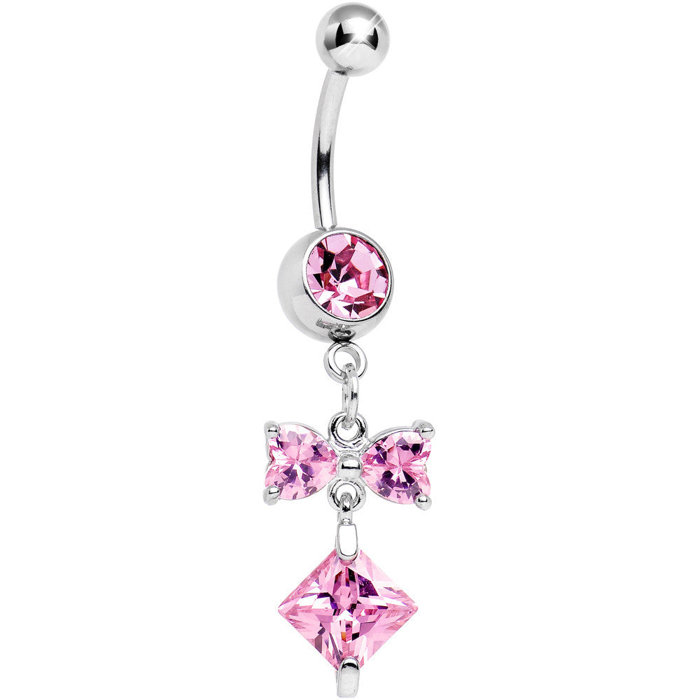 Pink Cubic Zirconia Bow Tie Square Charm Dangle Belly Ring