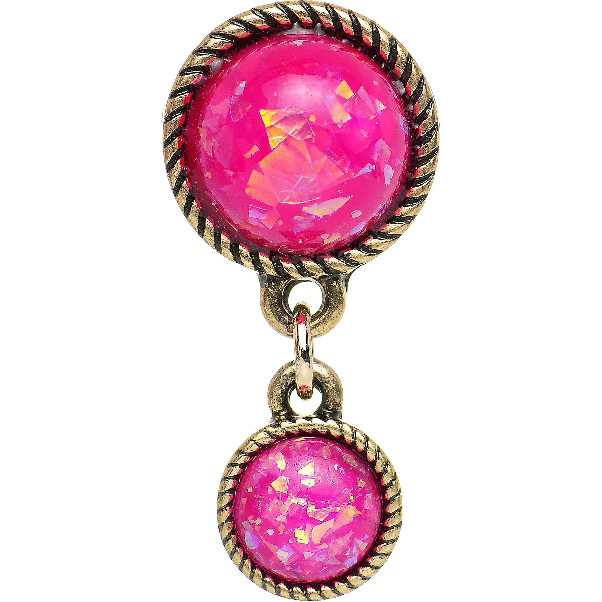 Double Pink Imitation Opal Dangle Plug Sizes 5mm to 1 Inch