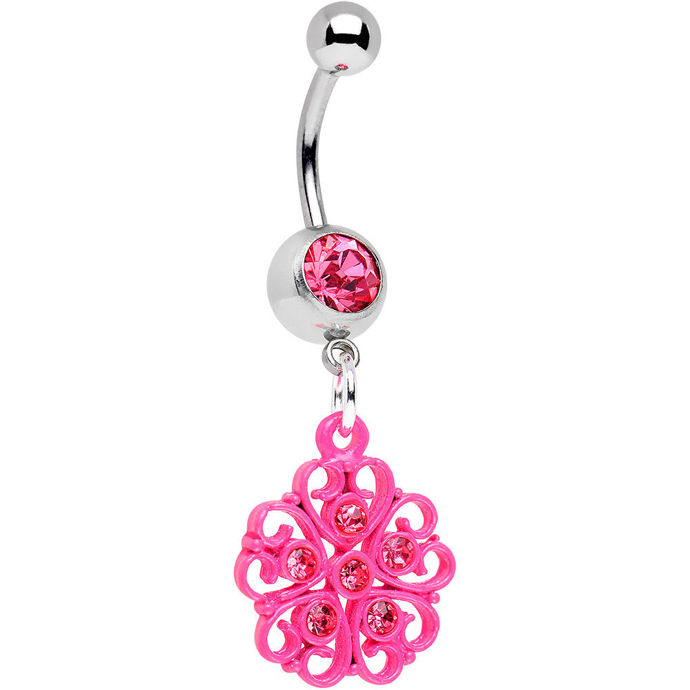 Pink Gem Swirled Pink Flower Dangle Belly Ring