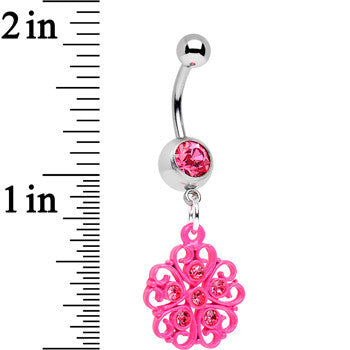 Pink Gem Swirled Pink Flower Dangle Belly Ring