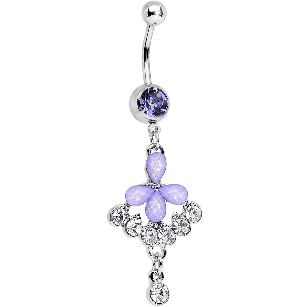 Purple Gem Clear Drops Glittery Flower Dangle Belly Ring