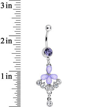 Purple Gem Clear Drops Glittery Flower Dangle Belly Ring