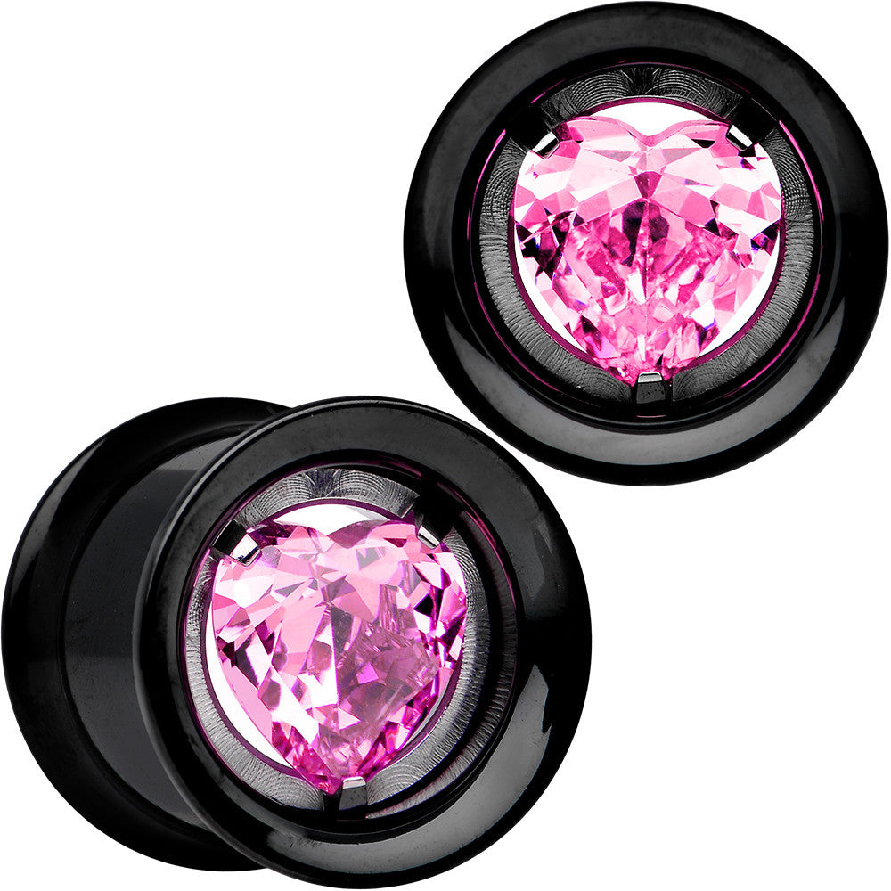 13mm Pink Heart Black Anodized Titanium Internally Threaded Plug Set