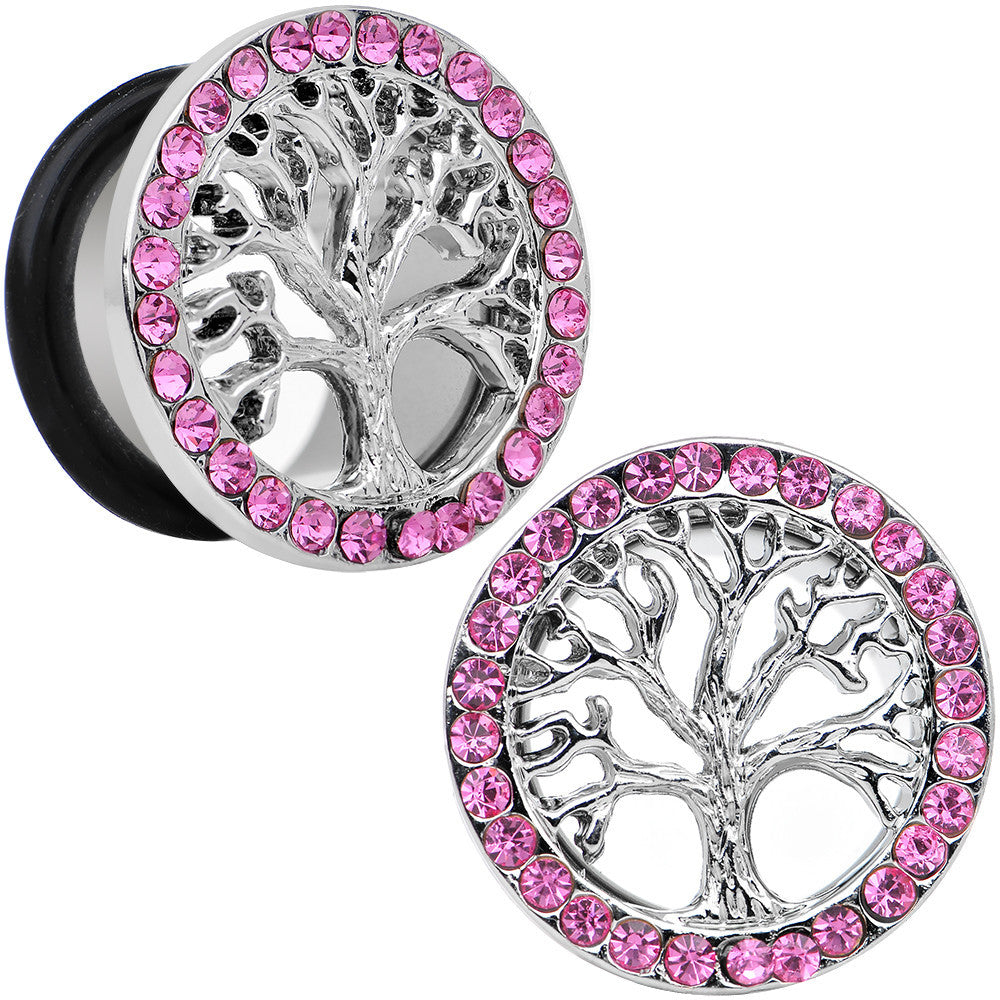 5/8 Pink Gem Stainless Steel Single Flare Tree of Life Plug Set