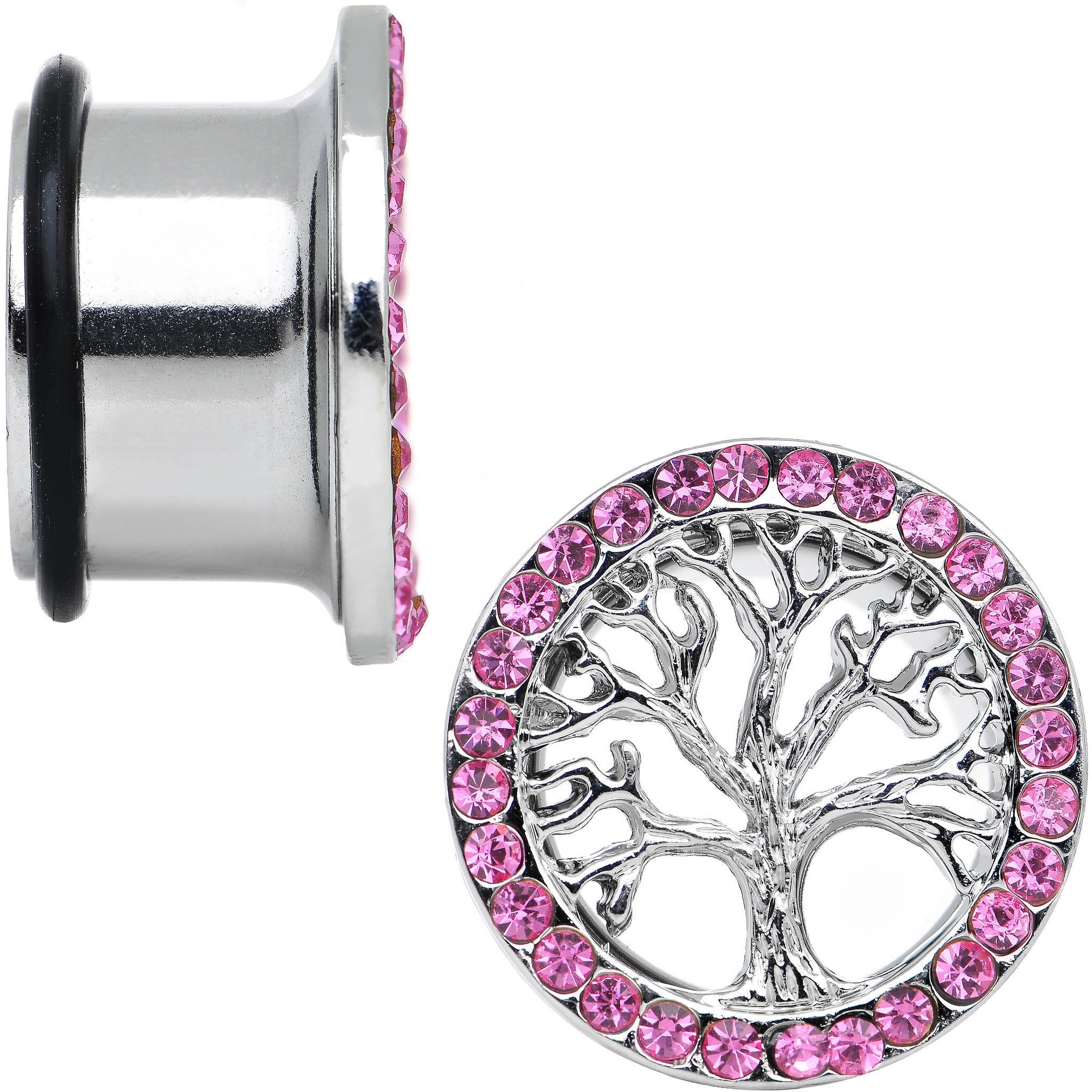 5/8 Pink Gem Stainless Steel Single Flare Tree of Life Plug Set