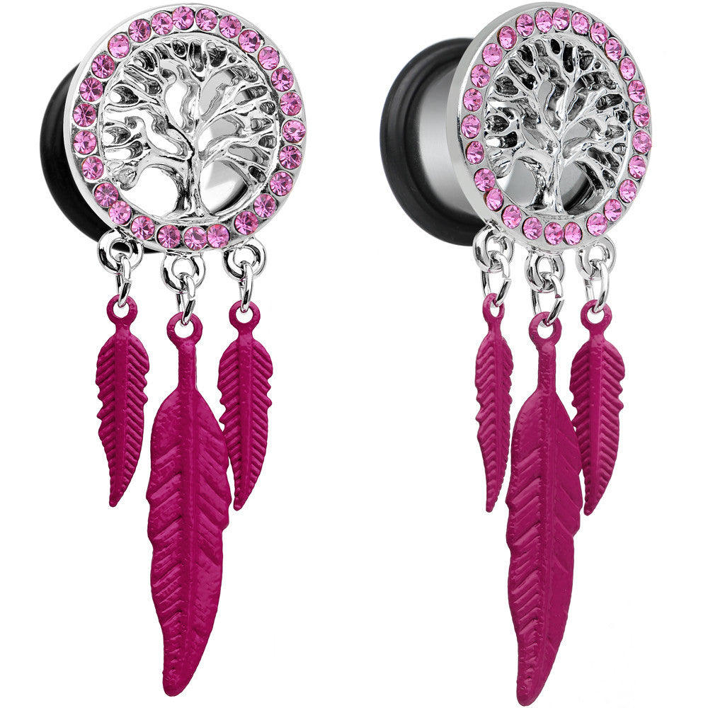 1/2 Pink Gem Steel Single Flare Tree of Life Dangle Plug Set