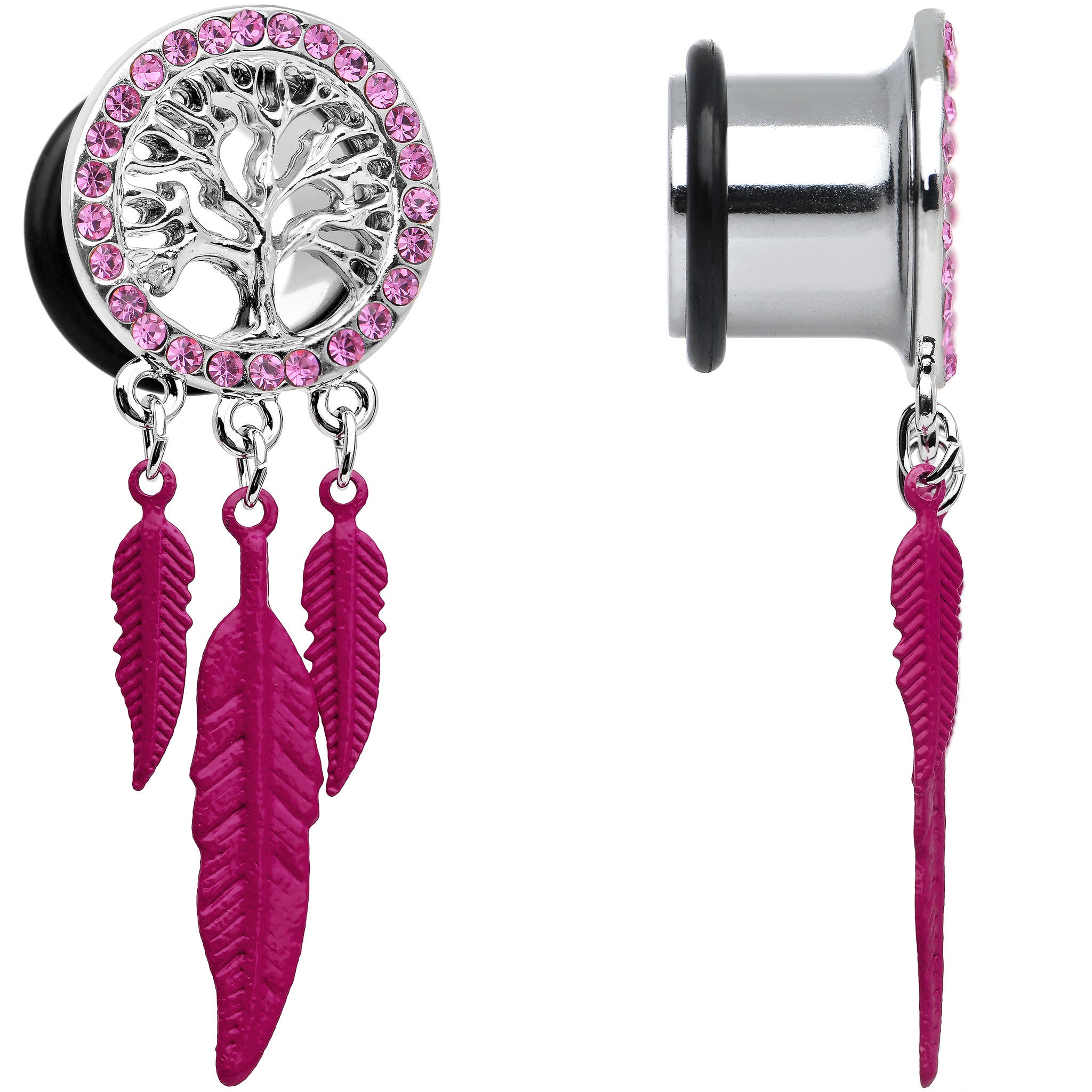 1/2 Pink Gem Steel Single Flare Tree of Life Dangle Plug Set