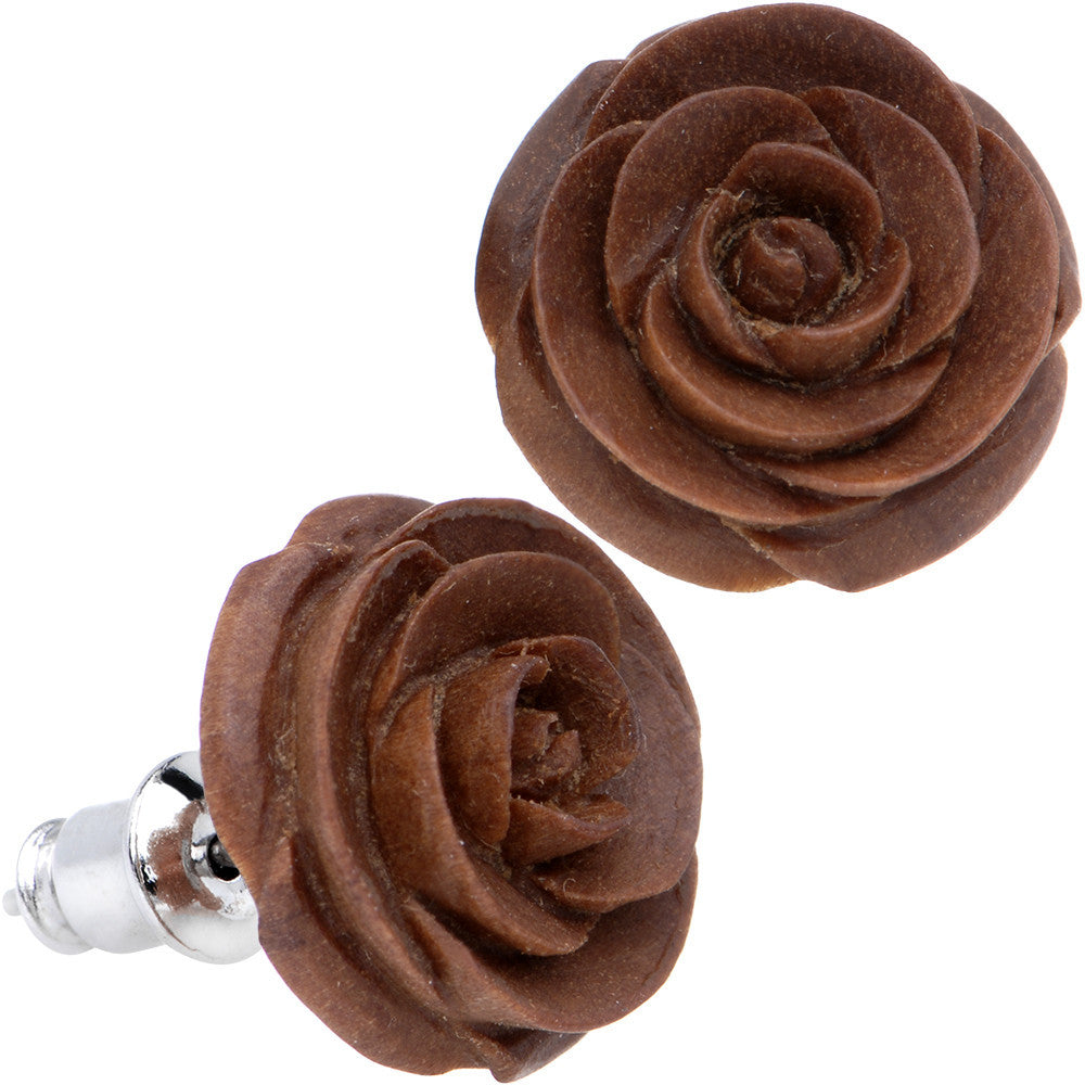 Organic Chocolate Wood Hand Carved Rosebud Stud Earrings