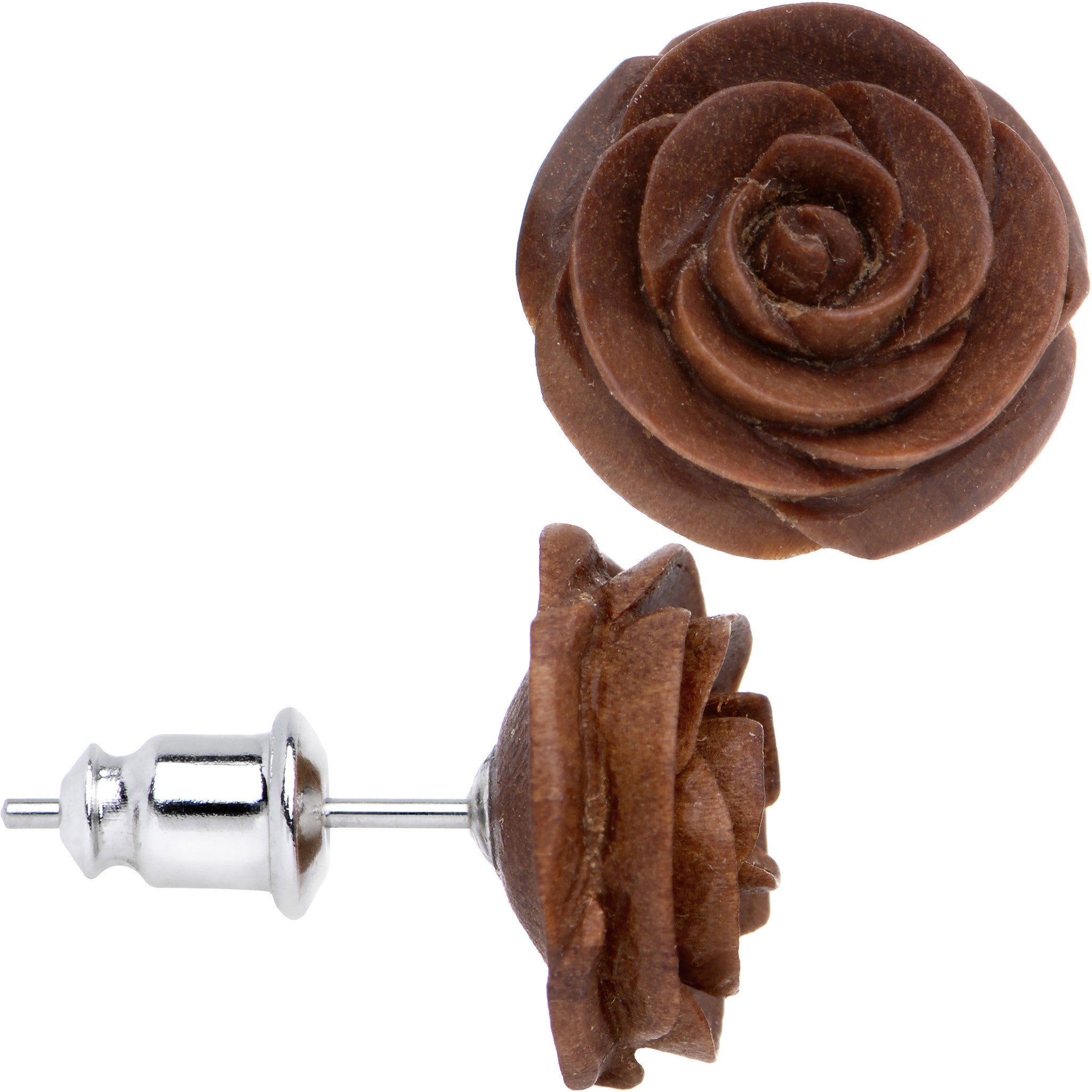 Organic Chocolate Wood Hand Carved Rosebud Stud Earrings