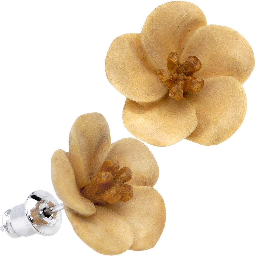 Organic Wood Hand Carved Bali Blossom Stud Earrings