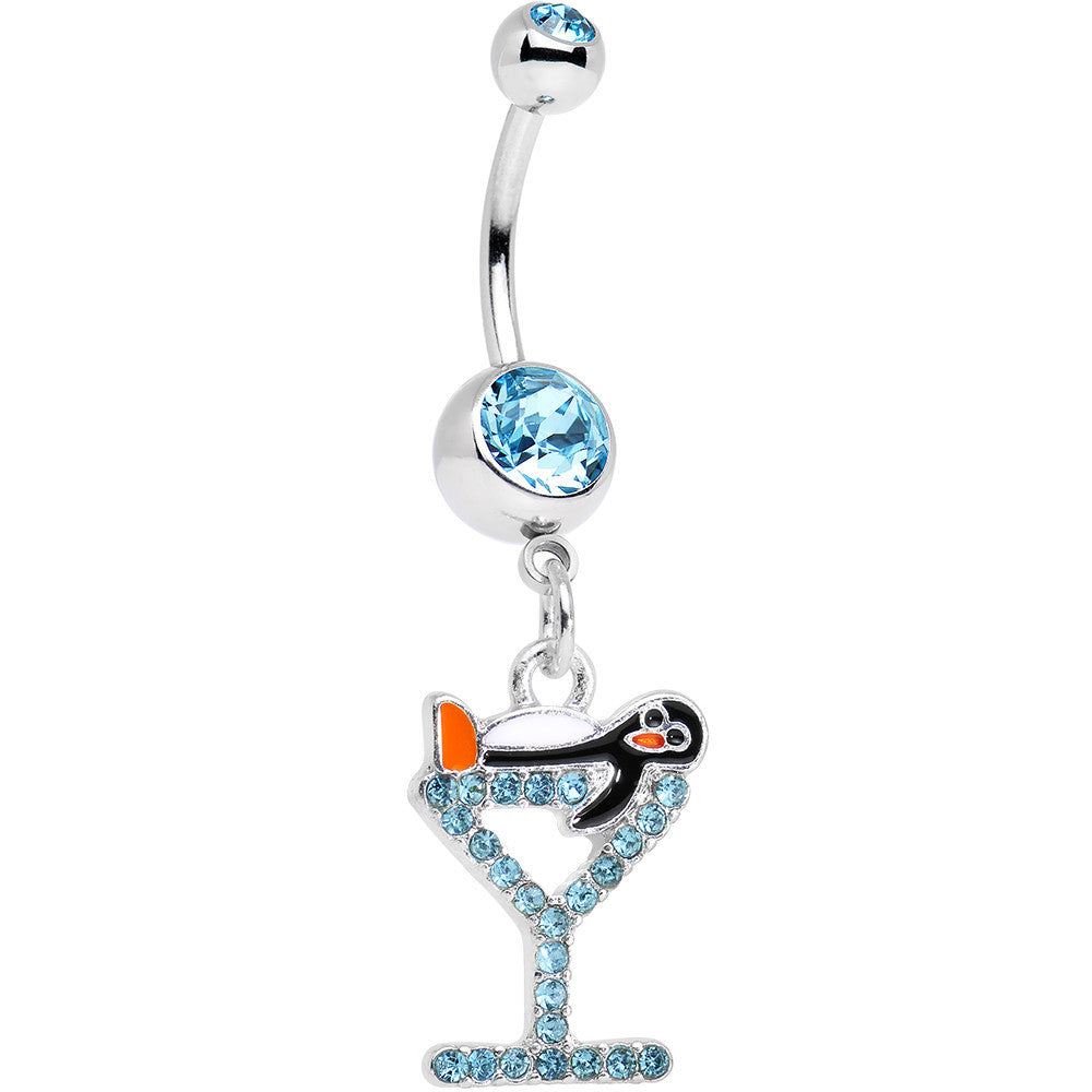 Aqua Paved Martini Glass with Pengiun Dangle Belly Ring