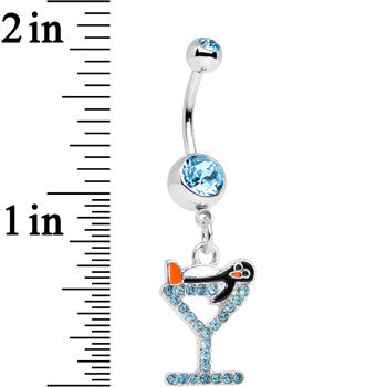 Aqua Paved Martini Glass with Pengiun Dangle Belly Ring