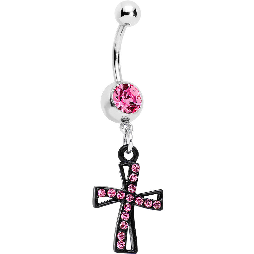 Pink Gem Black Cross Dangle Belly Ring