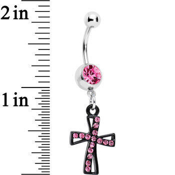 Pink Gem Black Cross Dangle Belly Ring