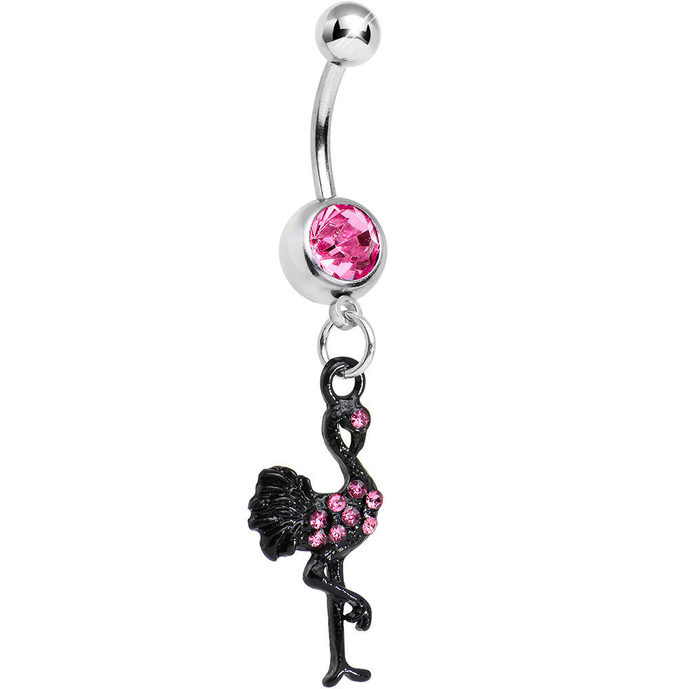 Pink Gem Black Flamingo Dangle Belly Ring