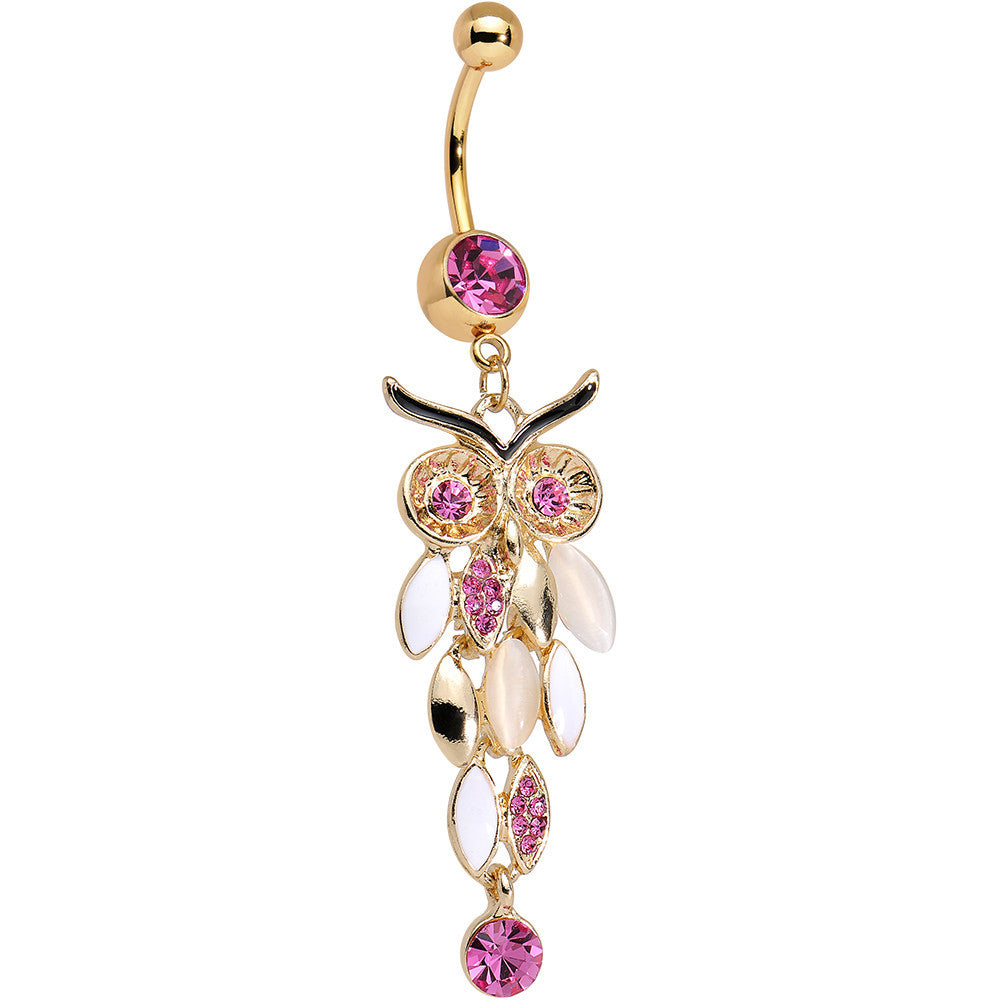 Pink Gem White Faux Opal Gold Anodized Feather Owl Dangle Belly Ring