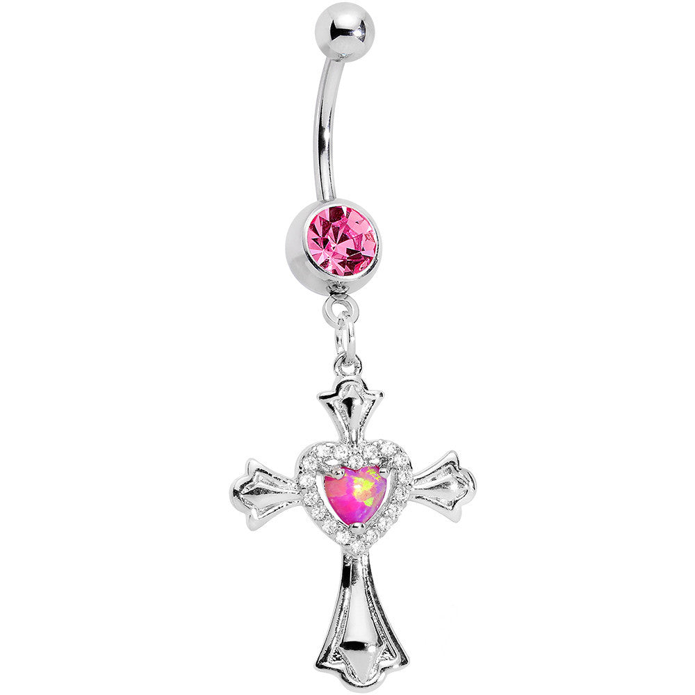 Pink Gem Pink Imitation Opal Cross Heart Dangle Belly Ring