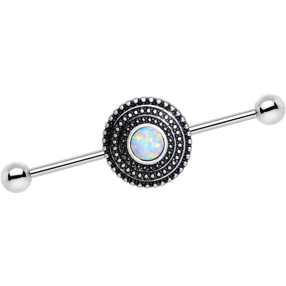 White Synthetic Opal Stainless Steel Medallion Industrial Barbell 37mm