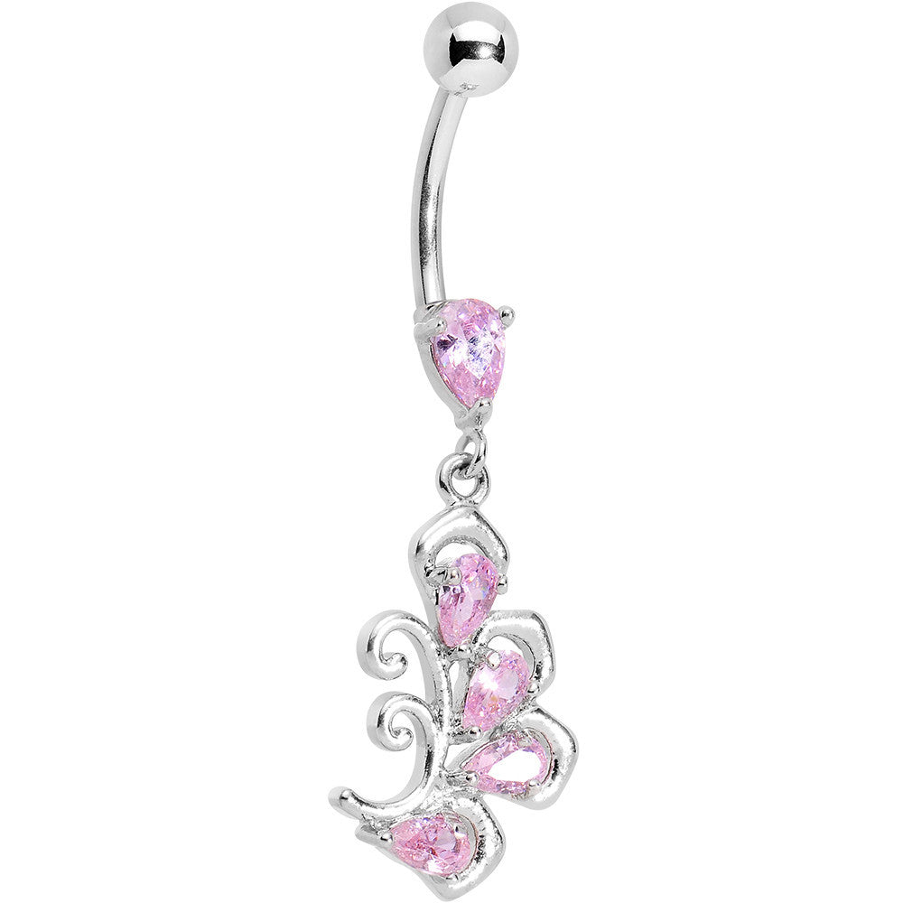 Pink Cubic Zirconia Palm Leaf Dangle Belly Ring