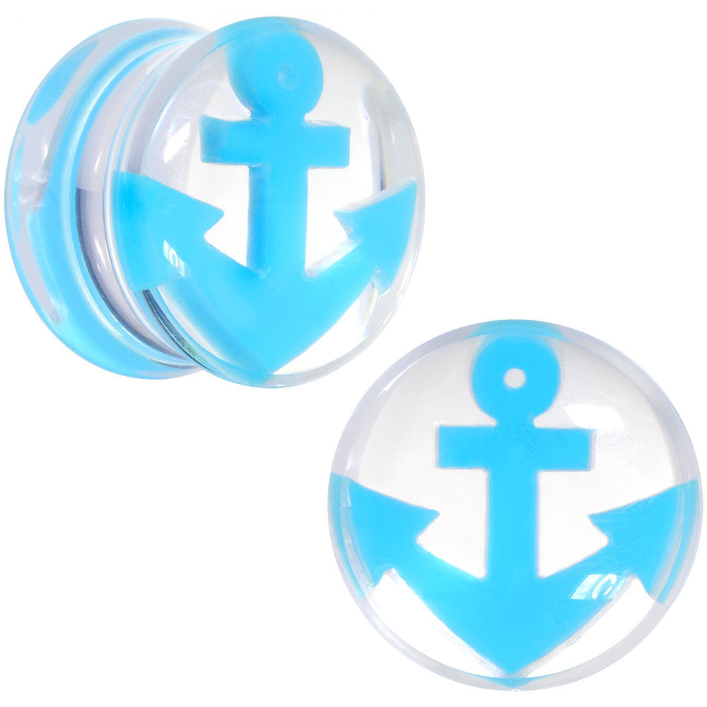 9/16 Clear Acrylic Double Flare Blue Anchor Saddle Plug Set