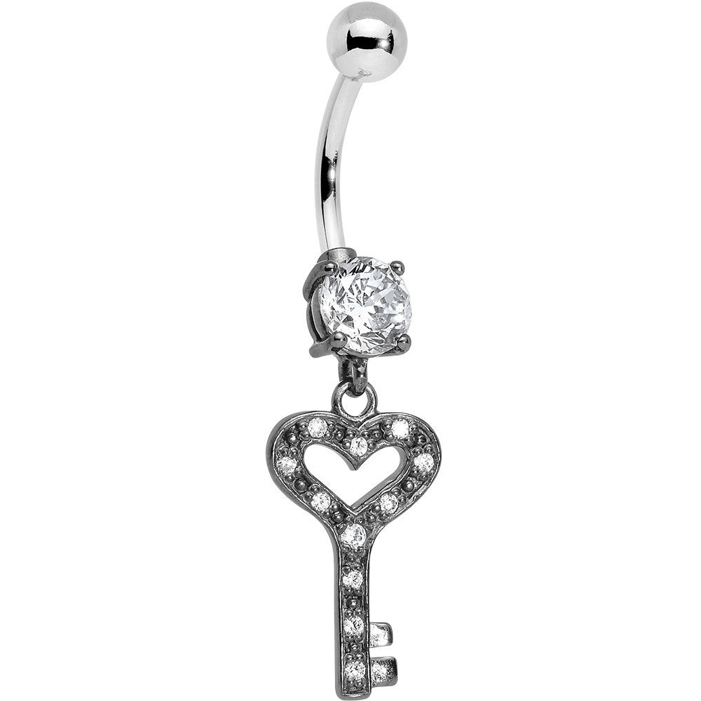 925 Sterling Silver Clear Gem Heart Key Dangle Belly Ring